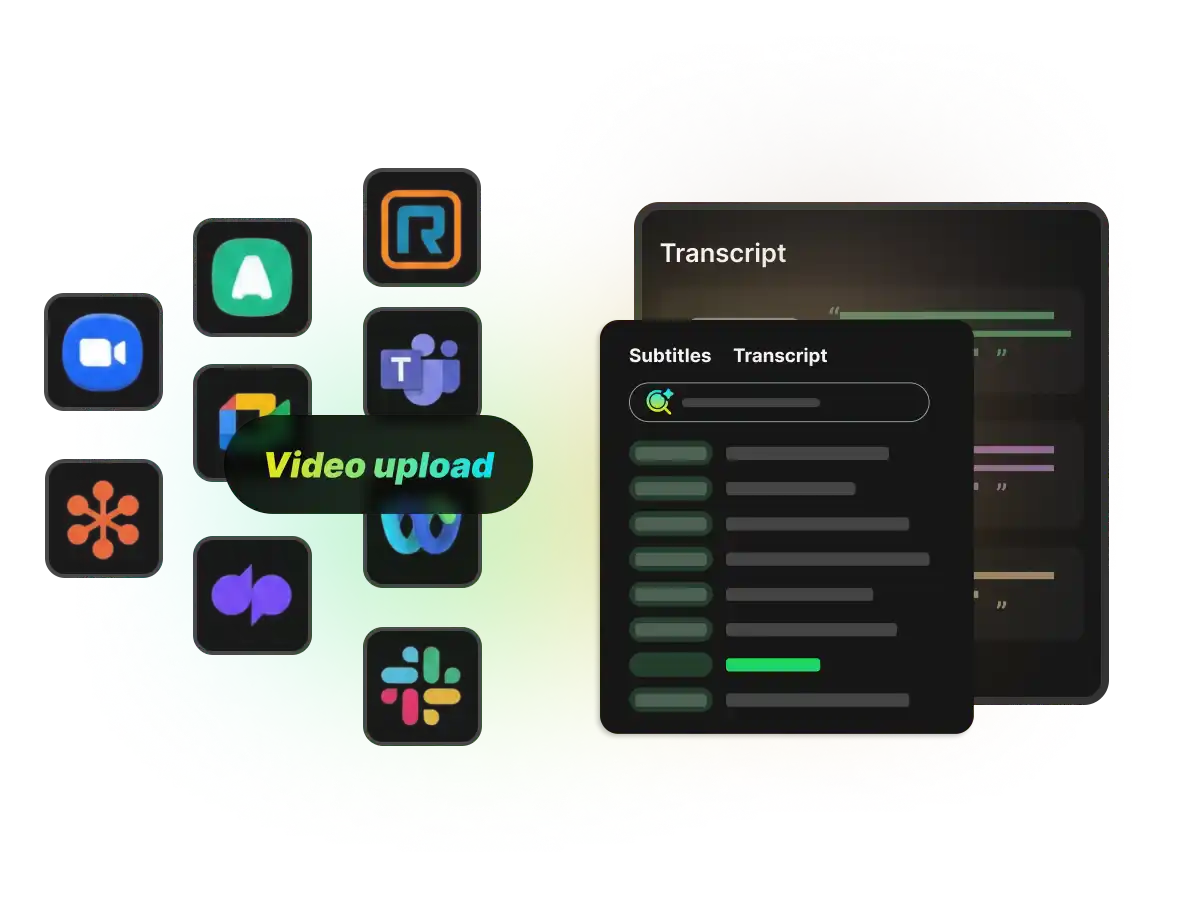 Coleção de ícones de aplicativos de videoconferência (Zoom, Google Meet, Teams, Webex, Slack) fluindo para um painel de upload e transcrição.